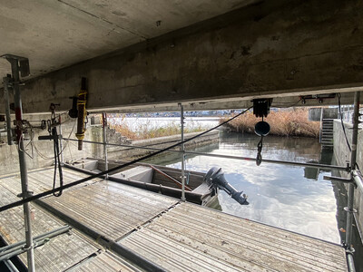 Scaffolding had to be erected above the water to apply the reinforcement.