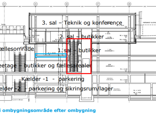 Sectional drawing - Reinforcement of decks Ground floor/1st floor (marked in blue). New escalator to 1st floor where decks have been removed. (marked in red).